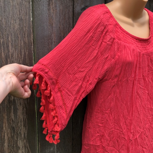 Vincente Tunic Top Tassel Trim 1/2 Sleeves Crinkle Scoop Neck Summer Beach - Picture 3 of 6